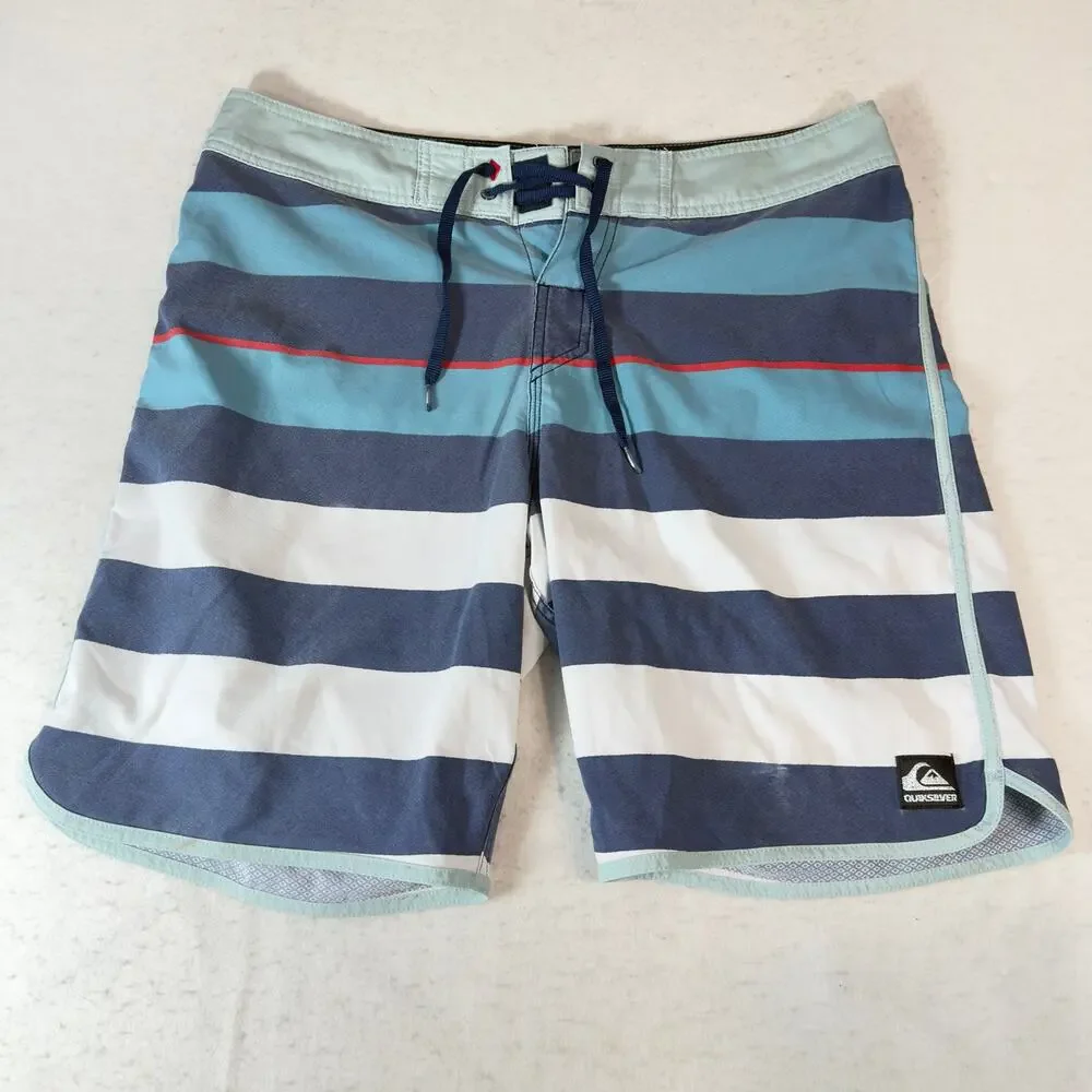 Quiksilver W34 Board Shorts Blue Stripe Swim Trunk Recycled Polyester Drawstring